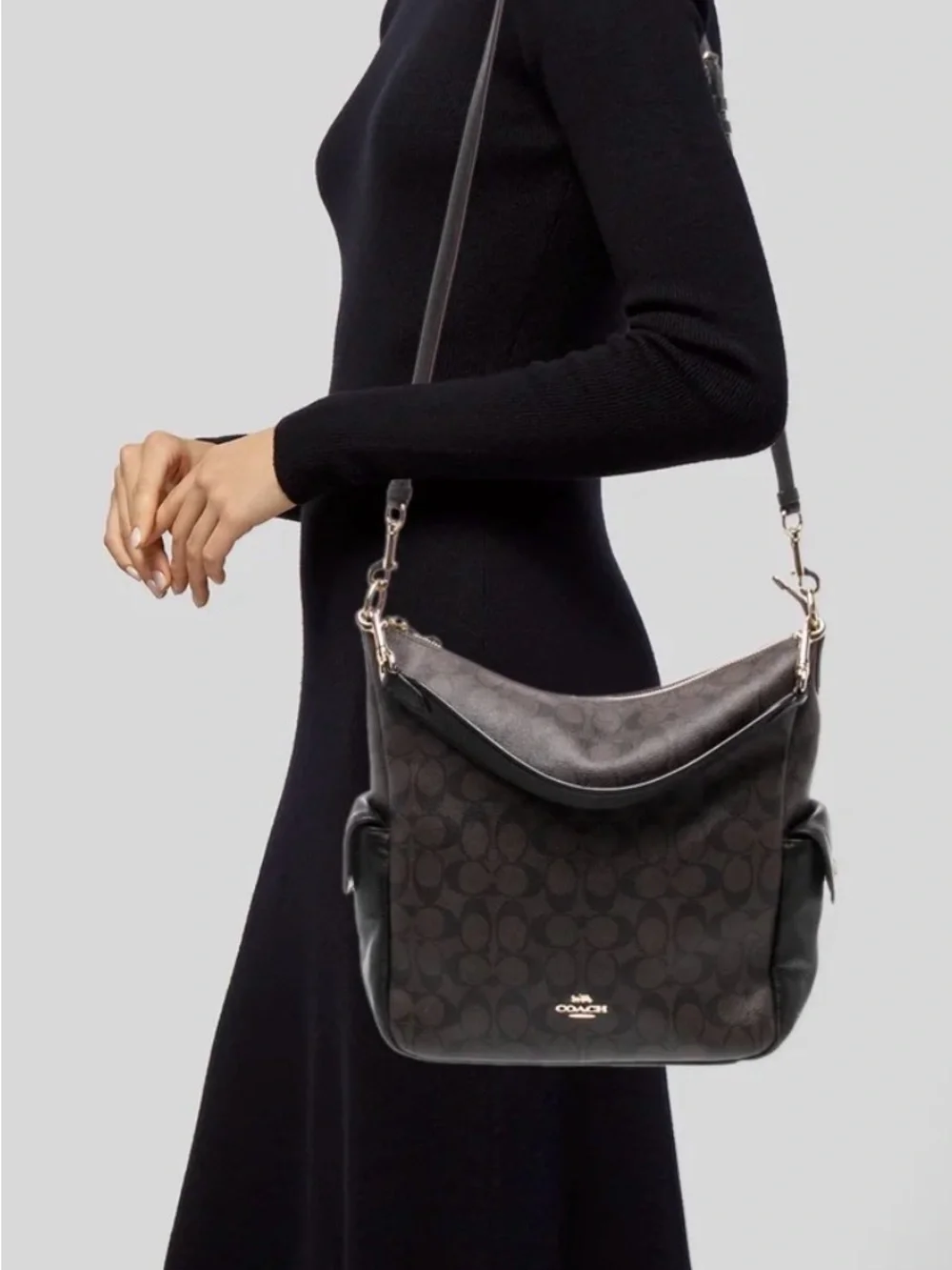 Coach Pennie C1523 Signature Canvas Brown Black Leather Shoulder Crossbody Bag